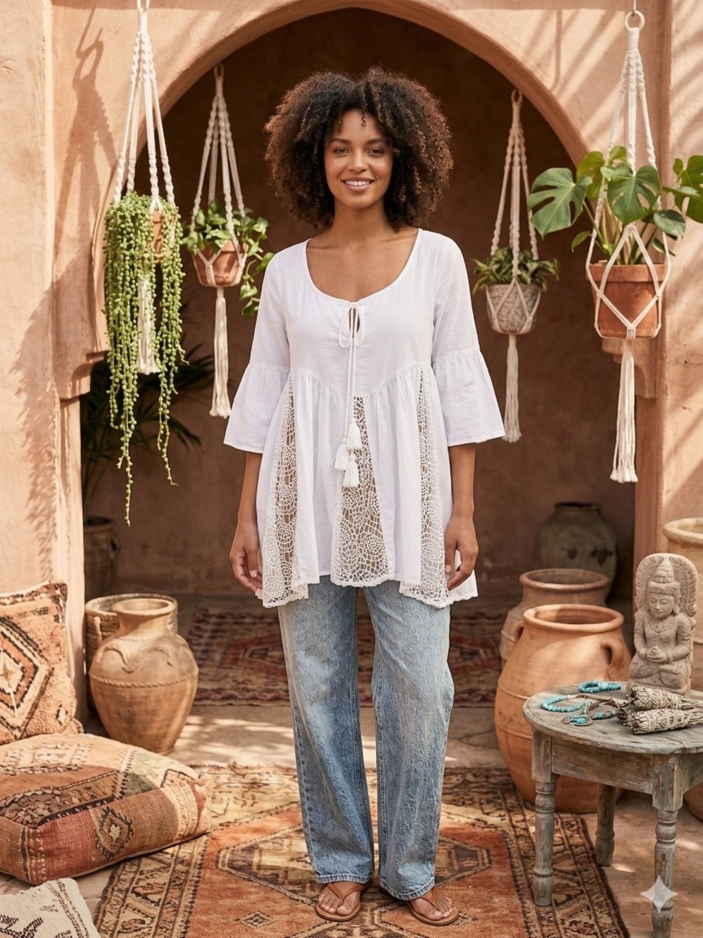 Boho Lace-Panel White Peasant Top with Tie - Picture 1 of 6